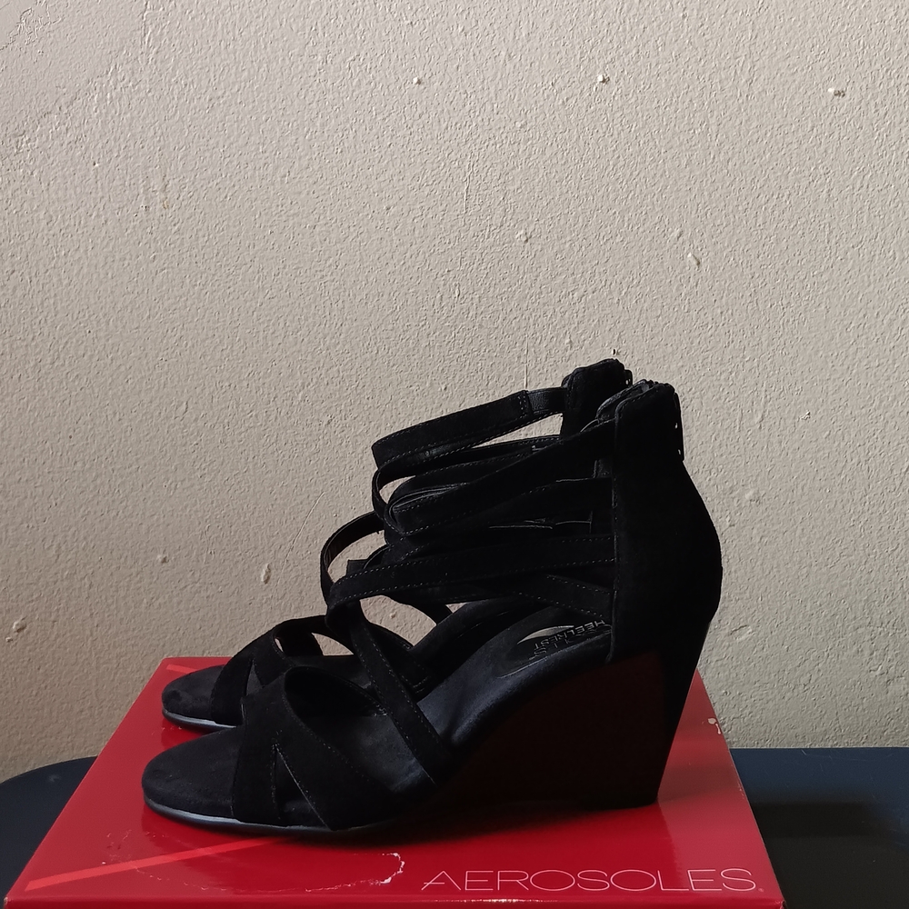 Aerosoles Black Strappy Wedge Sandals